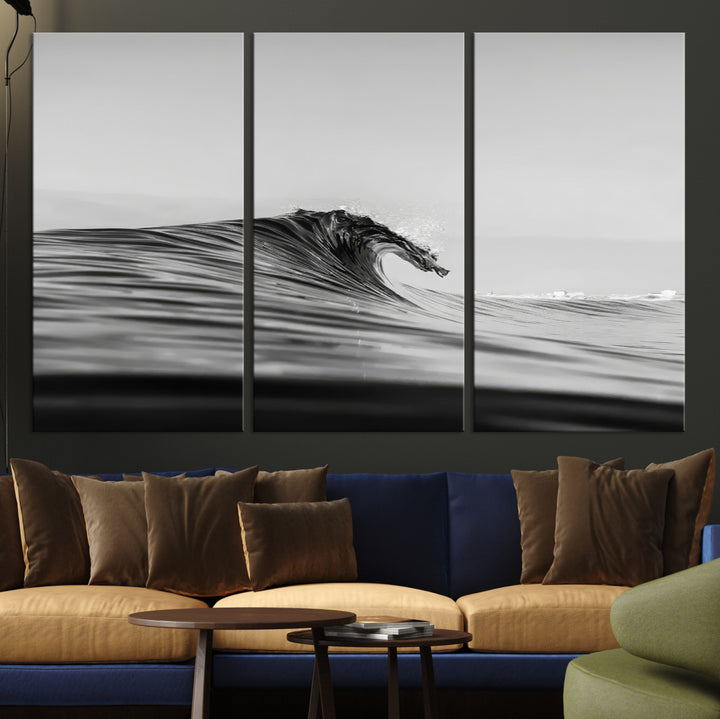 Black Wave Wall Art Canvas Print, Abstract Surf Print, Framed Minimalist Ocean Art Print, Large Black Water Printing Minimalist