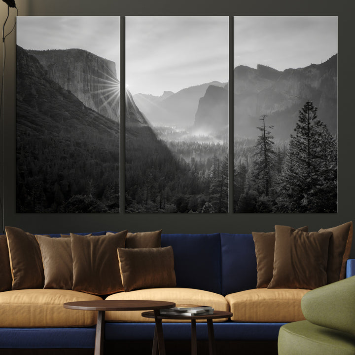 Yosemite Valley Wall Art Canvas Print, El Capitan Sunrise Print, Framed Misty Mountain Art Print, Large Monochrome Valley Printing