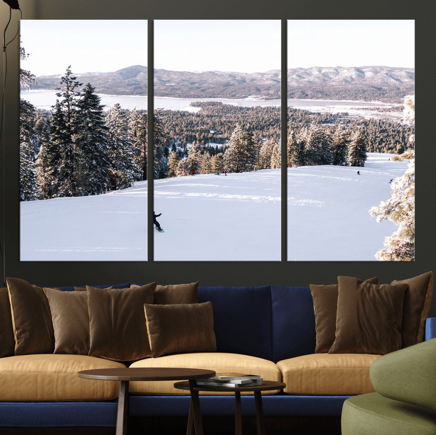 79857868-MGV-CV-36X24 - Snowboarder Wall Art – Winter Slope Canvas Print, Pine Forest, Snow-Covered Mountains, Outdoor Adventure for Living Room or Cabin Decor