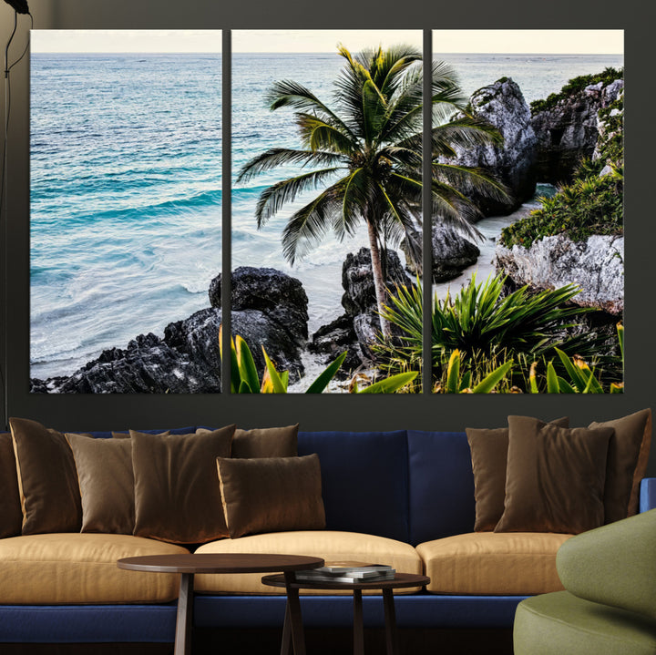Framed canvas of a vibrant tropical coastline with palm trees, rocky cliffs, and turquoise waters, ideal for tropical coastal home decor.