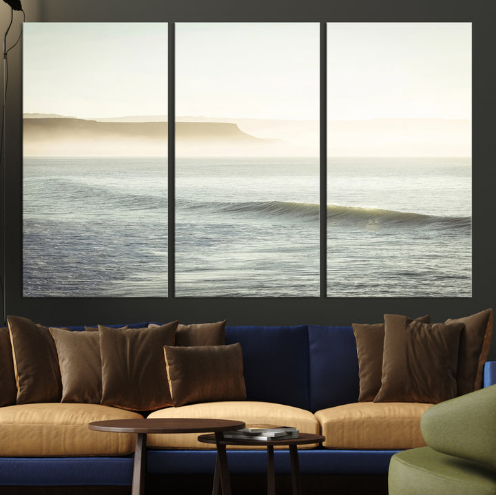 Canvas of a misty ocean scene with coastal cliffs and soft neutral tones, ideal for Scandinavian coastal or minimalist nature-inspired home decor.