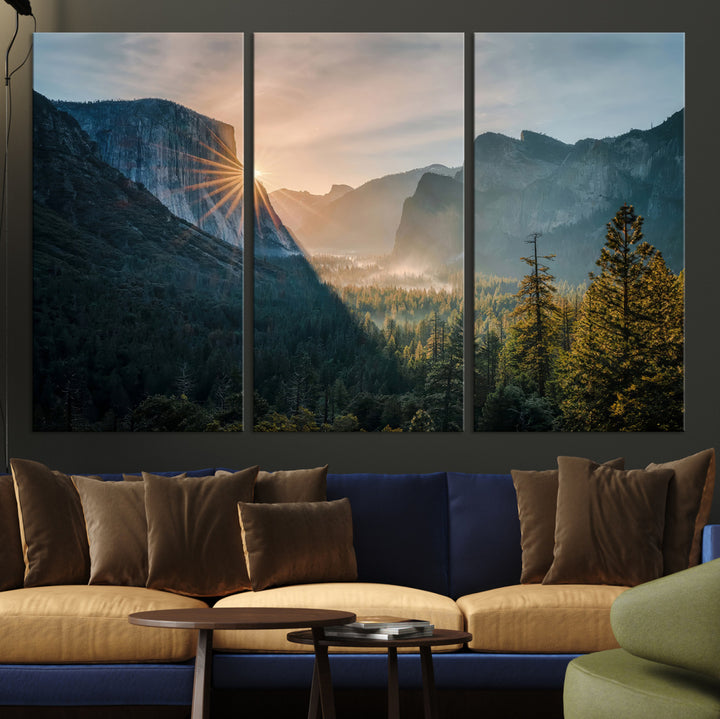 Canvas of Yosemite Valley at sunrise with dramatic rays and earthy tones, perfect for vintage explorer or wilderness-themed home decor.