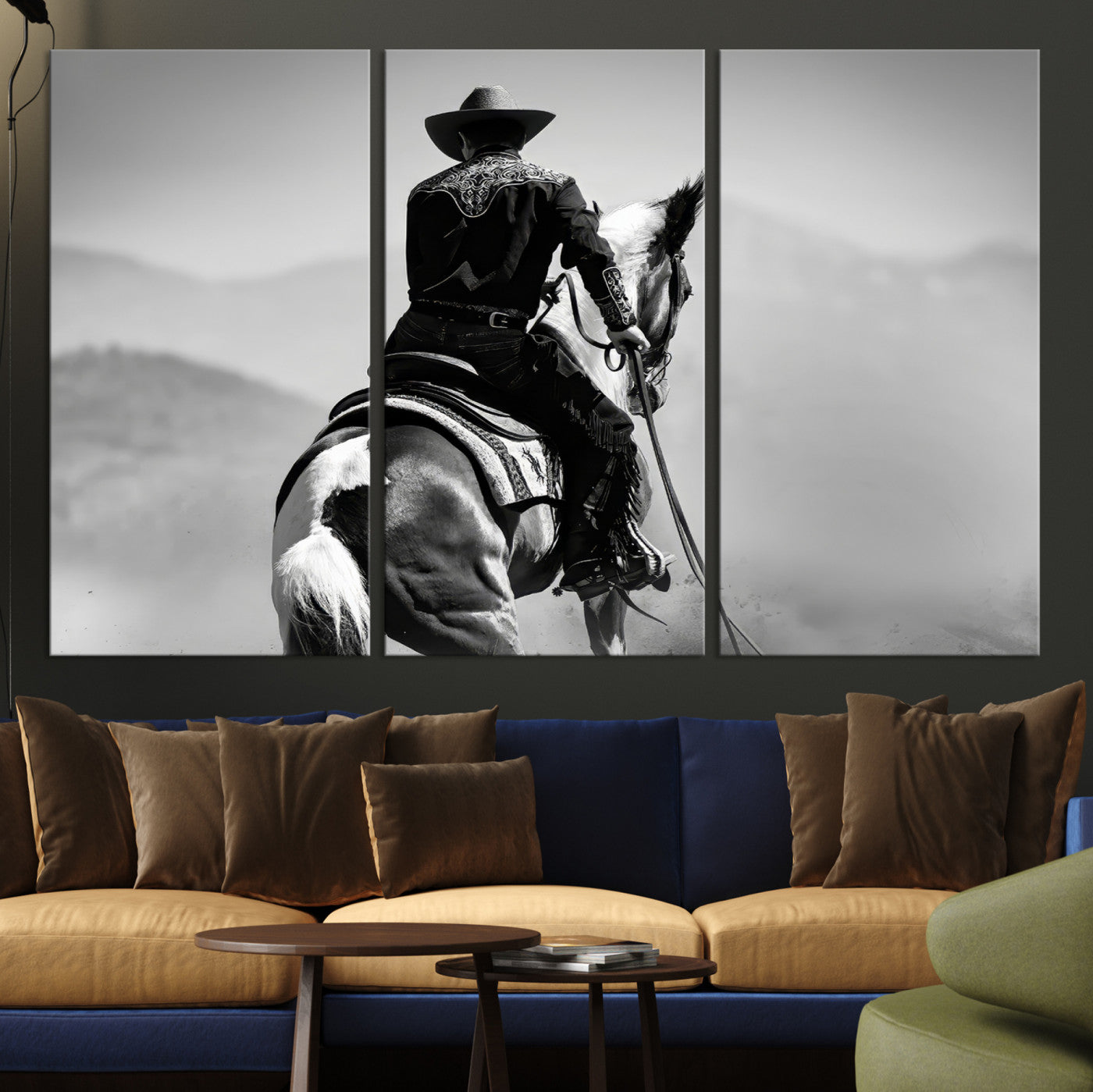 83102464-MGV-CV-36X24-Western Wall Art Canvas Print – Framed Cowboy and Horse Scene Artwork for Rustic Western Home, Office Decor