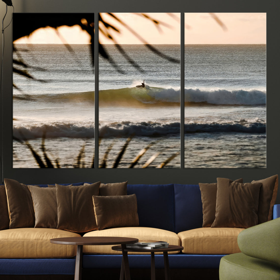Sunset Surf Wall Art Canvas Print, Framed Golden Hour Waves Boho Beach Art