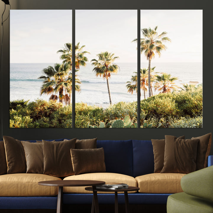Framed print of sunlit palm trees on the California coast with warm tones, perfect for coastal minimalist or beach-style home decor.