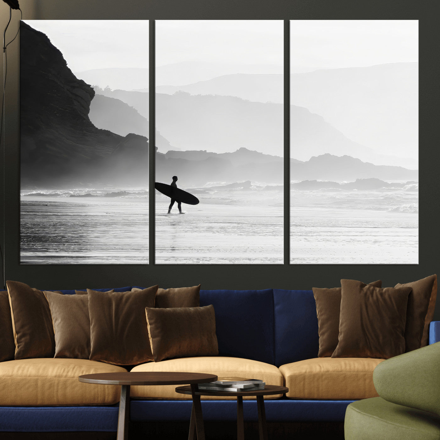 MGV-CV-48X32-3P - Surfer In Fog Wall Art Canvas Print, Framed Moody Shoreline Art Picture Print, Cliffside Waves Perfect Minimalist Coastal Decor Artwork