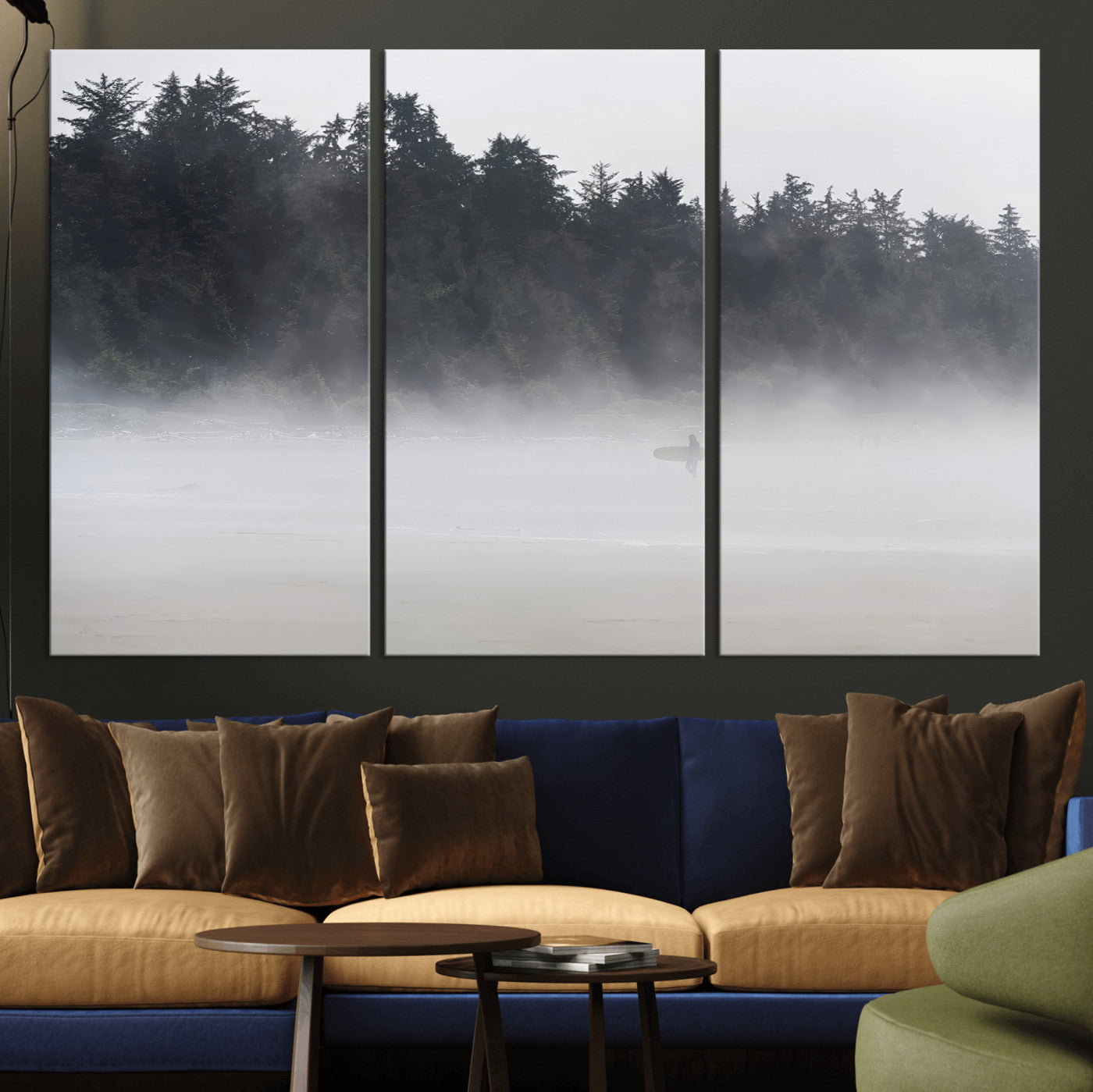 59703275-MGV-CV-36X24-Surfer Fog Wall Art Canvas Print – Framed Foggy Beach Scene with Coastal Surf Artwork for Home, Office, Living Room