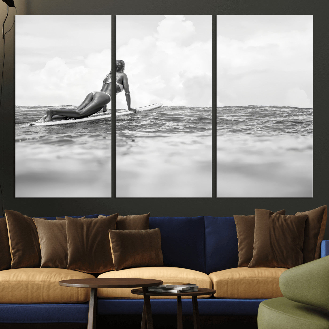 69798068-MGV-CV-36X24-Black and White Surfing Wall Art Canvas Print – Framed Ocean Horizon with Surfer Girl Coastal Adventure Artwork for Home, Office