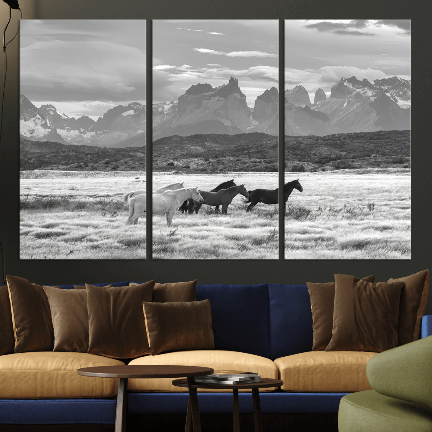 MGV-CV-48X32-3P - Wild Horses Wall Art Canvas Print, Framed Black White Mountains Art Picture Print, Rustic Countryside Perfect Rustic Western Decor Artwork