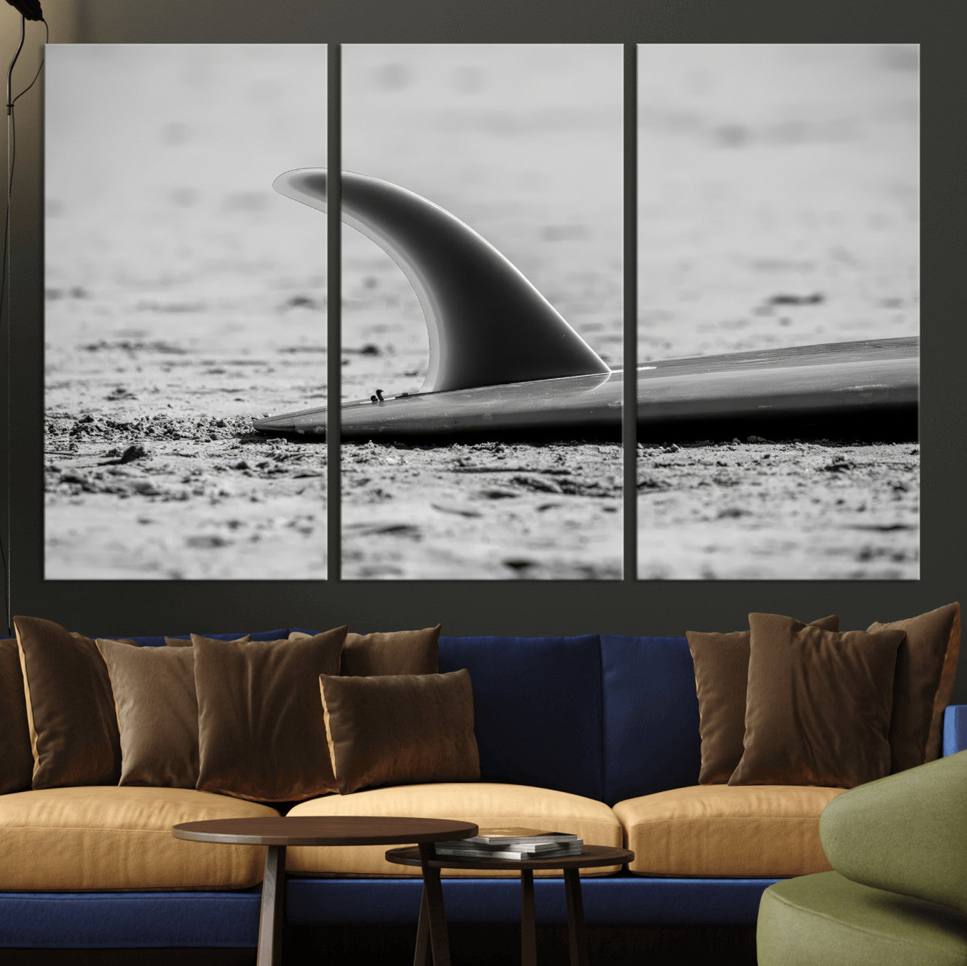 MGV-CV-48X32-3P - Black White Surfboard Wall Art Canvas Print, Framed Minimalist Beach Art Picture Print, Surf Fin Perfect Minimalist Coastal Decor Artwork