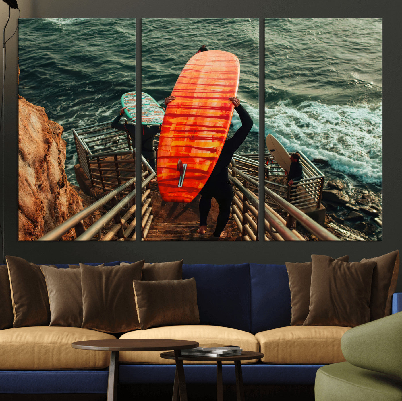 MGV-CV-48X32-3P - Surfer Stairway Wall Art Canvas Print, Framed Ocean Surf Art Picture Print, Sunset Coastal Perfect Coastal Adventure Decor Artwork