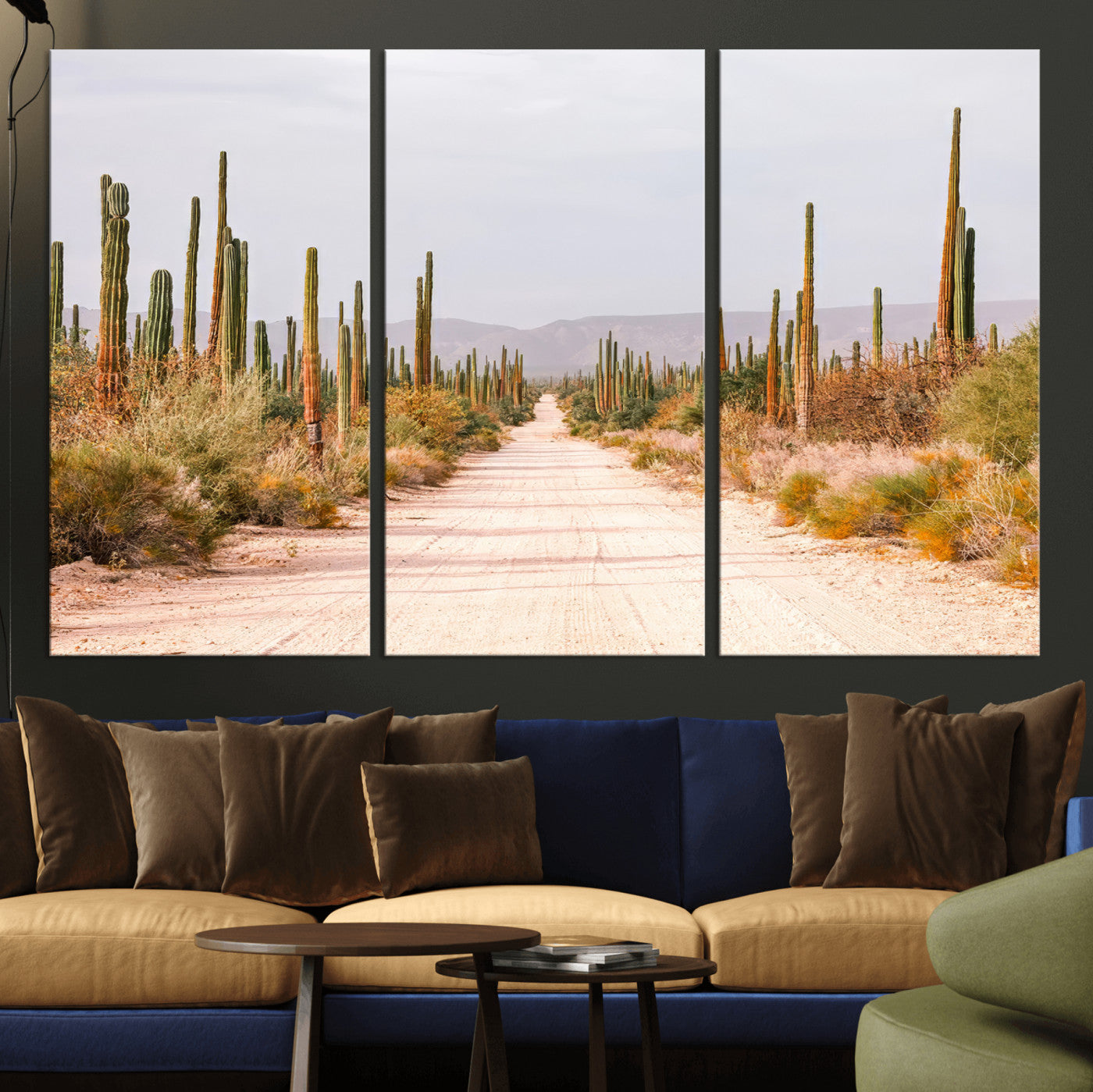 MGV-CV-48X32-3P - Desert Cactus Lined Road Wall Art Canvas Print, Framed Southwestern Landscape Art Picture Print, Bohemian Western Aesthetic Perfect Southwestern Boho Decor Artwork