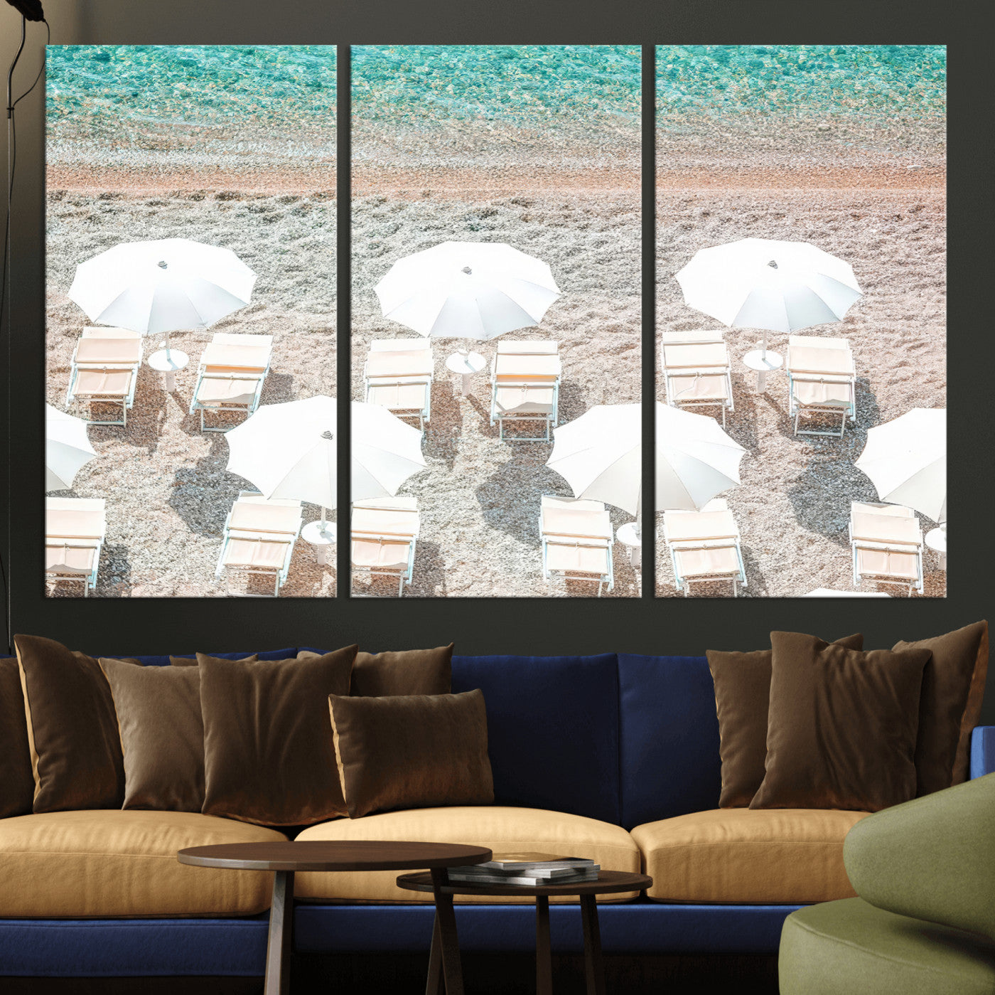 83736167-MGV-CV-48X32-3P-Calm Beach Wall Art – Framed Turquoise Water Canvas Artwork, Umbrella Shoreline Design, Coastal Decor for Home, Office