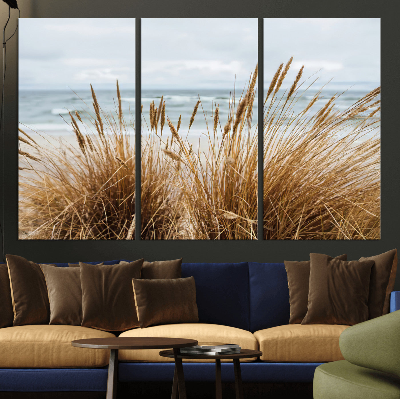 MGV-CV-48X32-3P - Beach Grass Wall Art Canvas Print, Framed Coastal Dunes Art Picture Print, Dune Grass Perfect Coastal Minimalist Decor Artwork