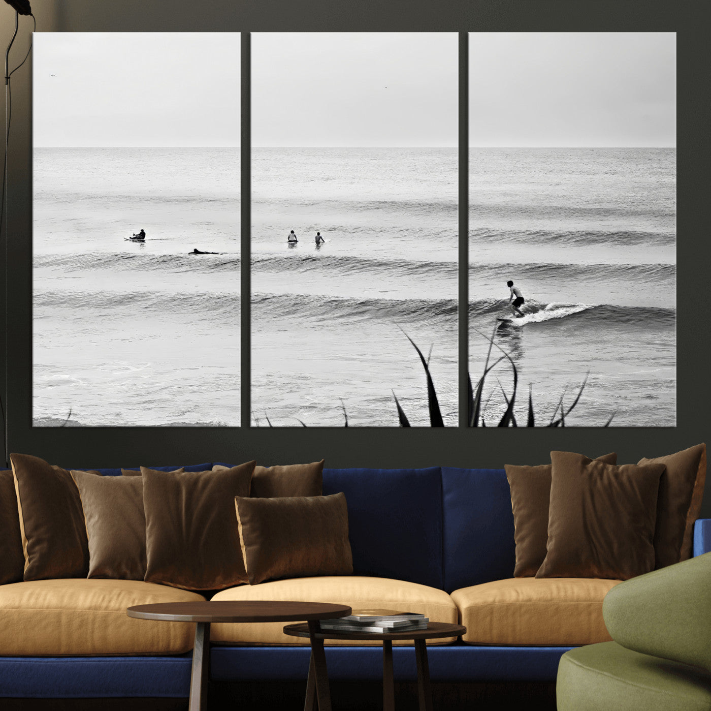MGV-CV-48X32-3P - Surfer Silhouette Wall Art Canvas Print, Framed Calm Ocean Art Picture Print, Monochrome Surf Perfect Minimalist Coastal Decor Artwork