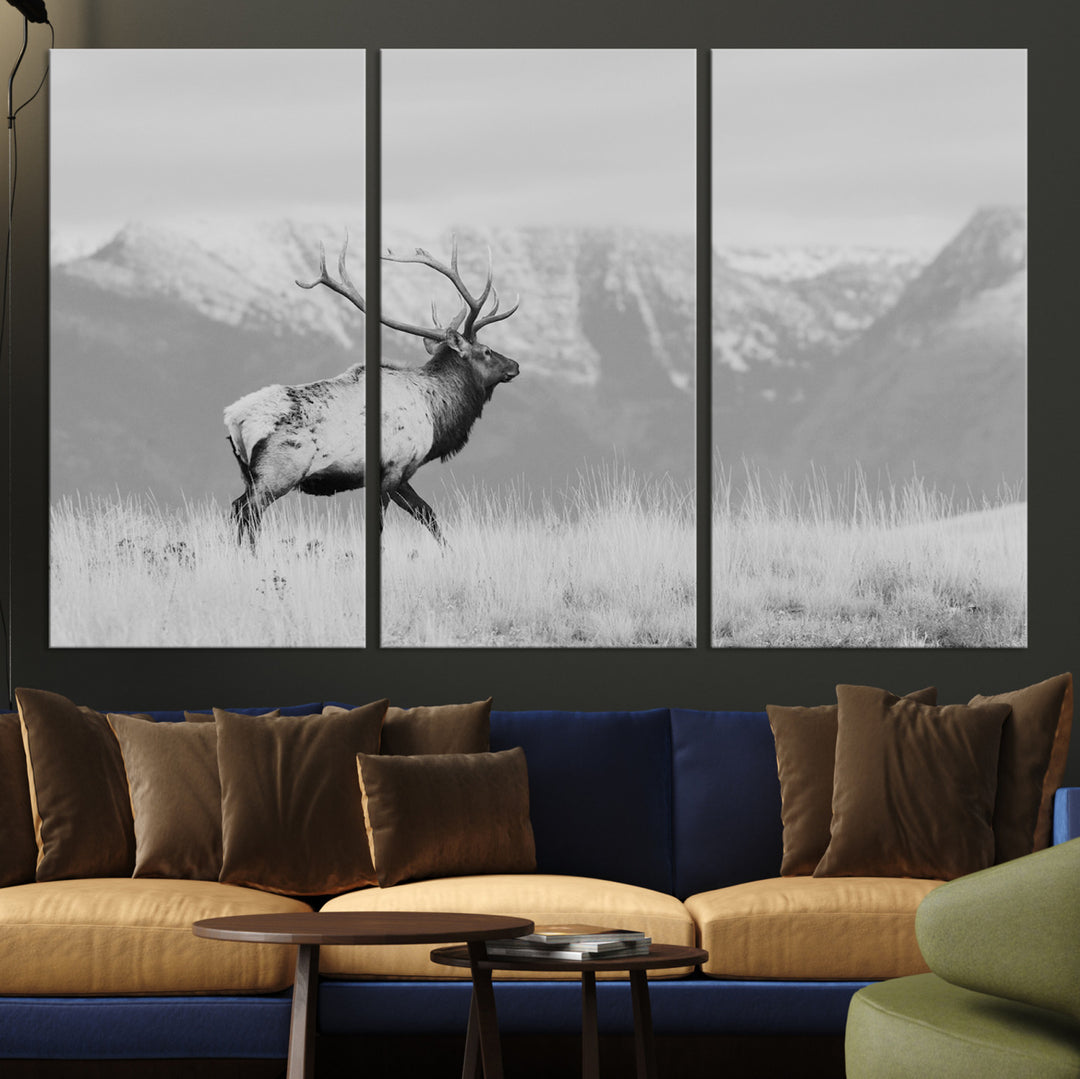 Rustic Elk Wall Art Canvas Print, Wildlife Antler Print, Framed Western Hunting Lodge Art Print, Large Mountain Nature Scene Printing Perfect for Japanese Decor