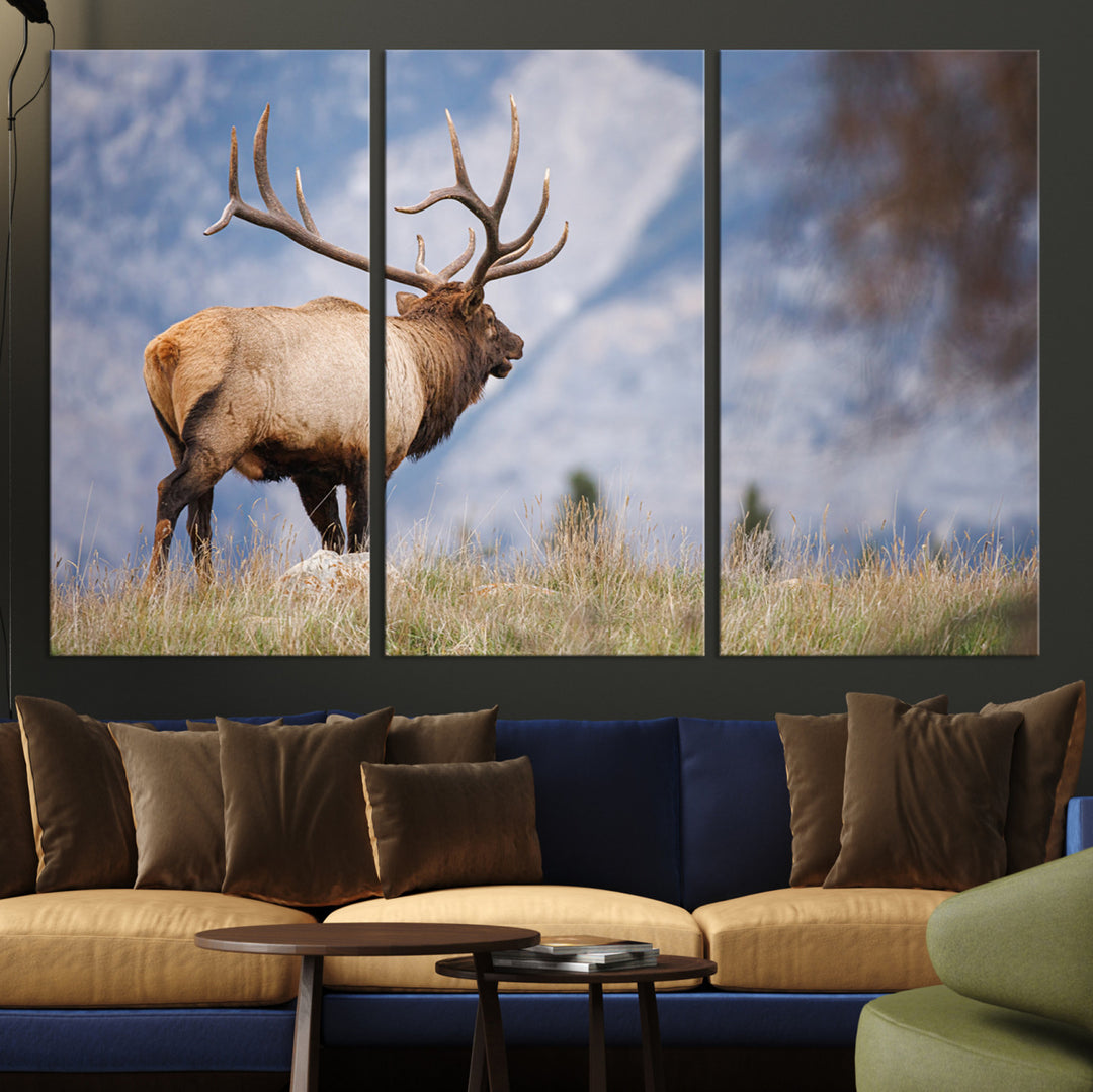 Rustic Elk Wall Art Canvas Print, Wildlife Antler Print, Framed Western Hunting Lodge Art Print