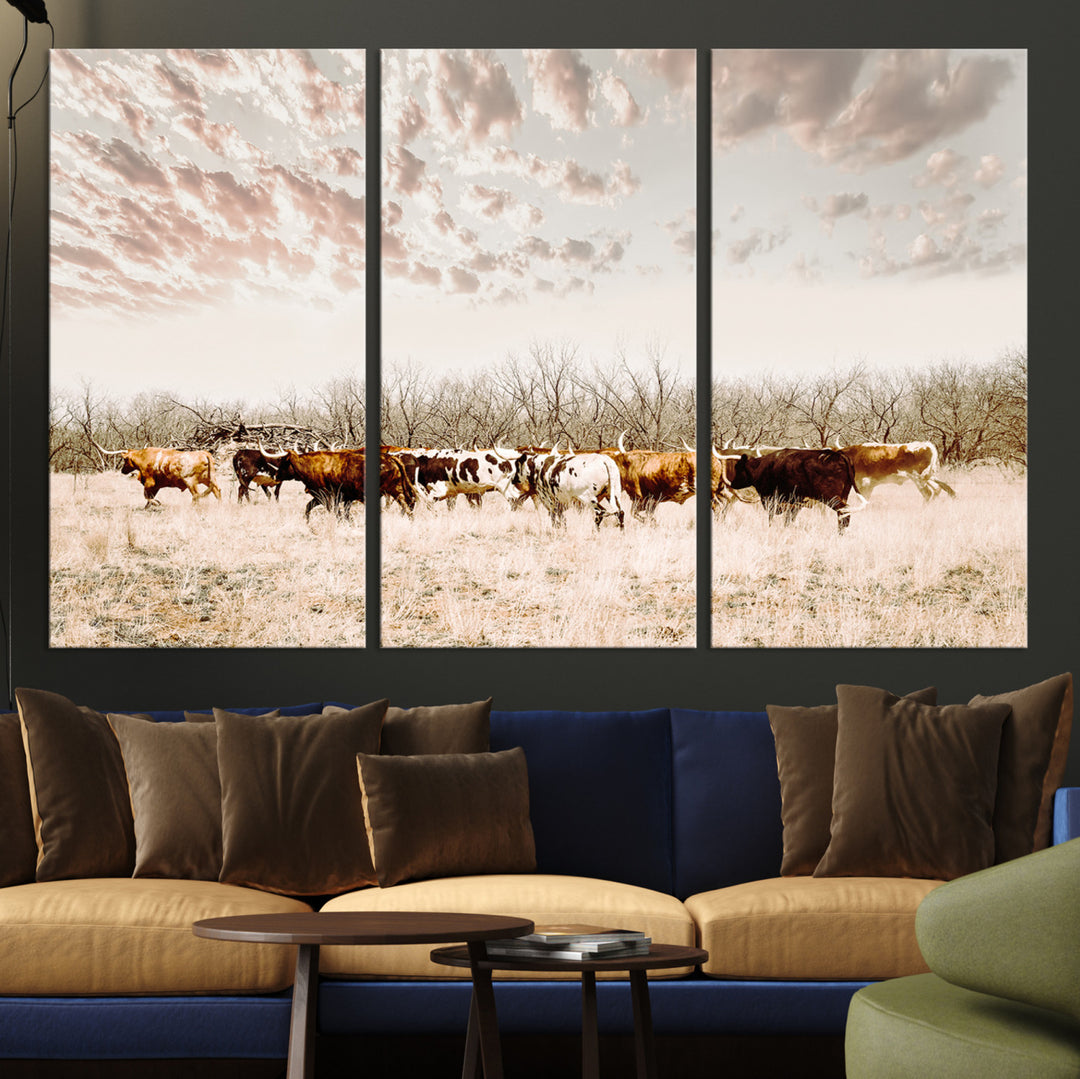 Longhorn Cattle Wall Art Canvas Print, Texas Ranch Print, Framed Western Cow Art Print, Large Prairie Landscape Printing Perfect for Western Decor