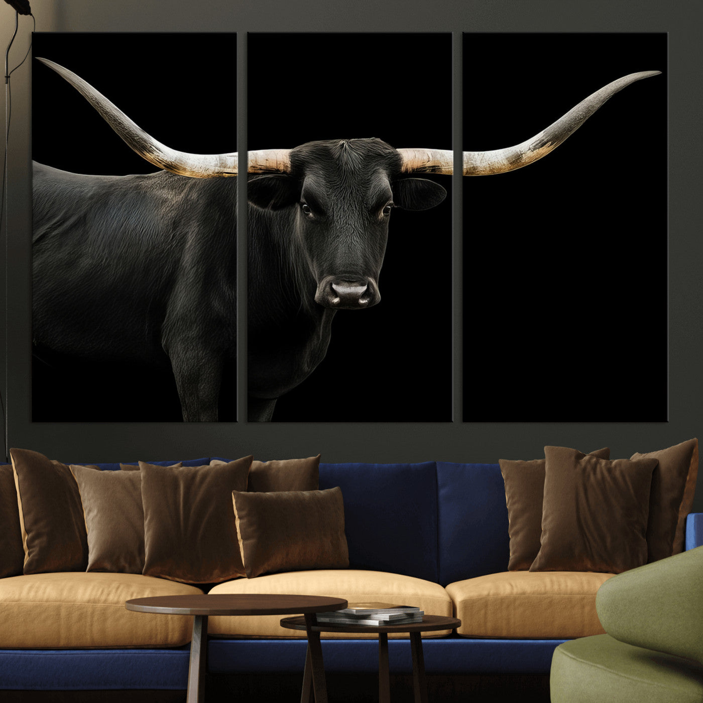 99448328-MGV-CV-36X24-Longhorn Cattle Wall Art Canvas Print – Framed Texas Ranch Scene with Western Cow Artwork for Home, Office, Living Room