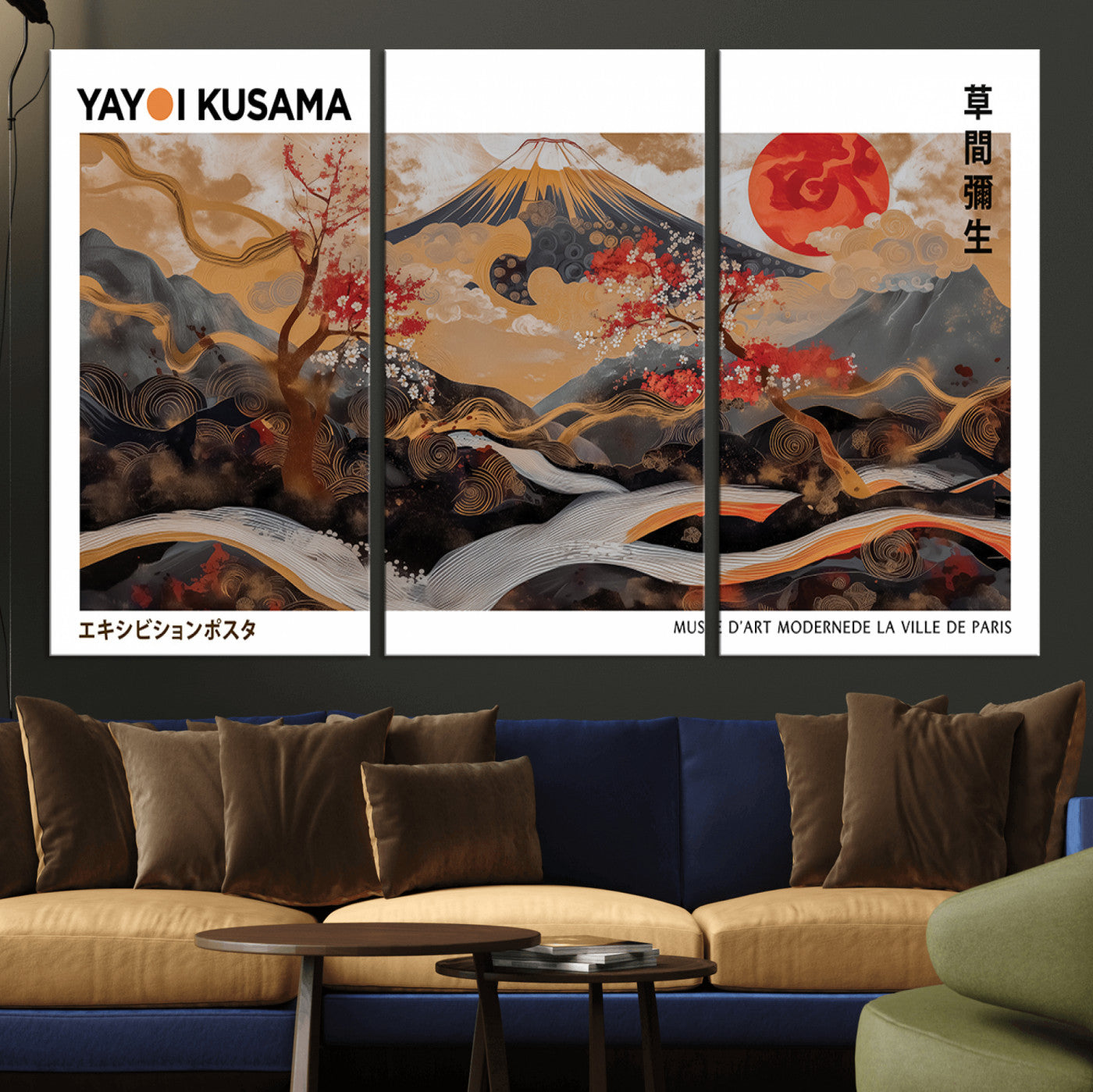 MGV-CV-48X32-3P - Modern Japanese Wall Art Print Yayoi Kusama Canvas Wall Art Abstract Mount Fuji Canvas Print