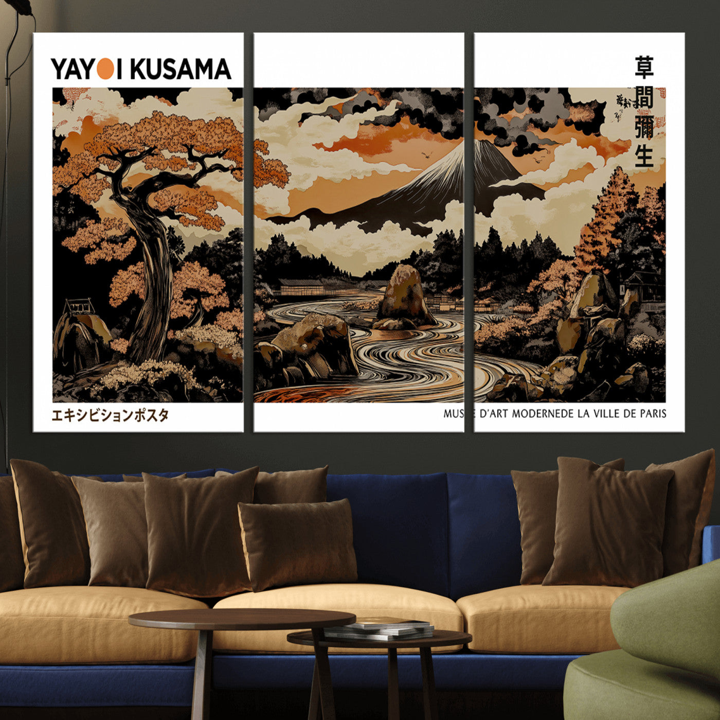 96372548-MGV-CV-36X24-Modern Japanese Wall Art Canvas Print – Framed Abstract Mount Fuji Scene with Yayoi Kusama Style Artwork for Home, Office