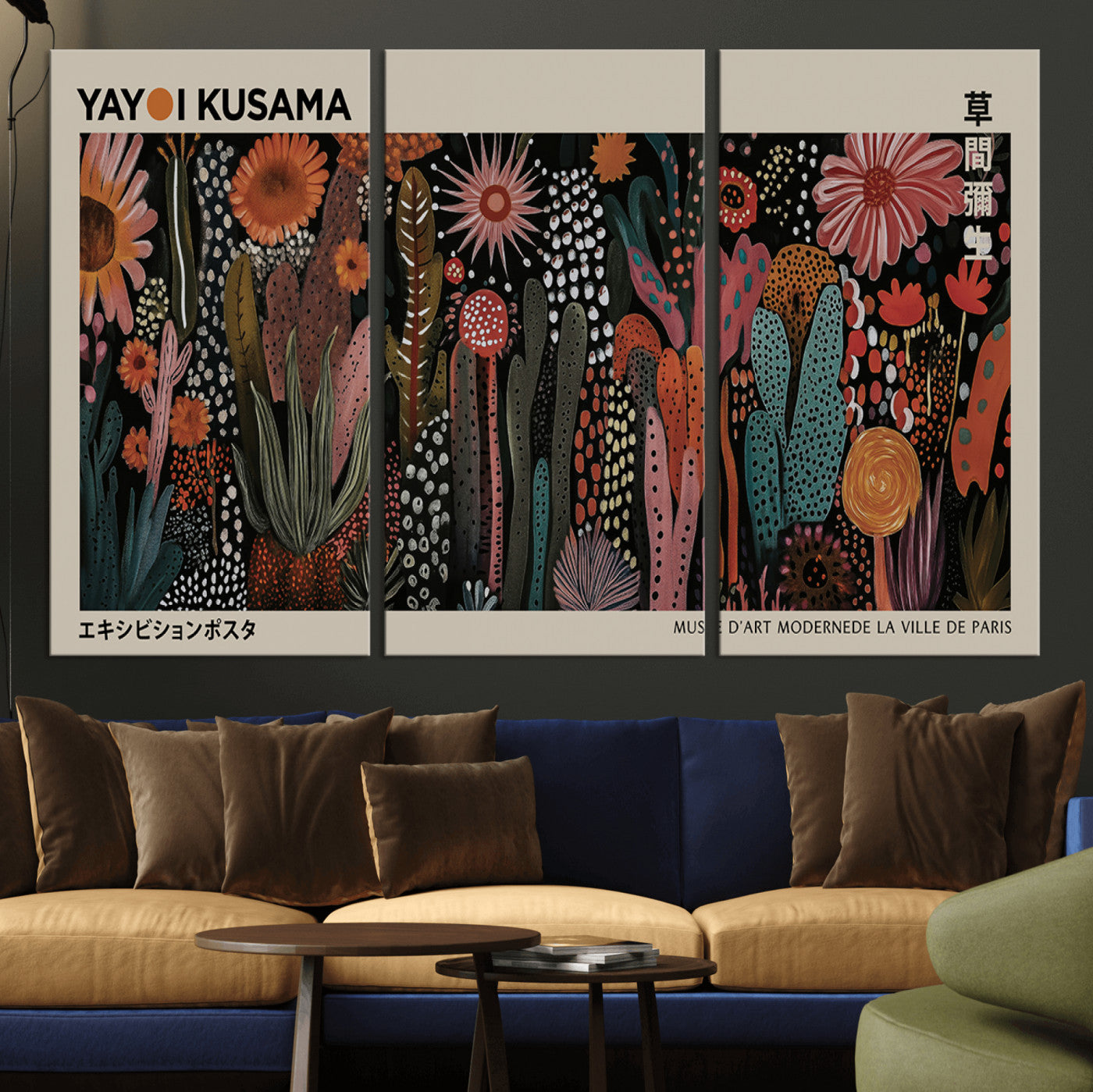 MGV-CV-48X32-3P - Modern Japanese Wall Art Print Yayoi Kusama Canvas Wall Art Abstract Mount Fuji Canvas Print