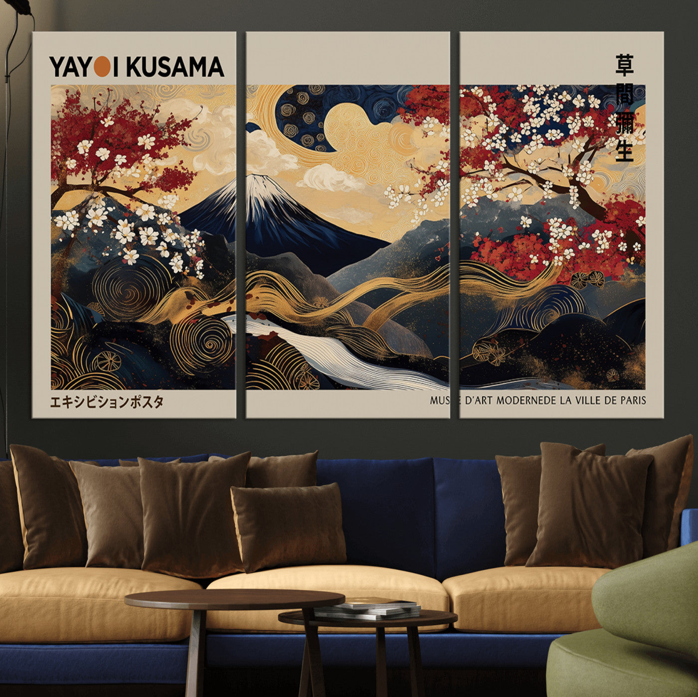 MGV-CV-48X32-3P - Modern Japanese Wall Art, Yayoi Kusama Japanese Print Wall Art, Abstract Mount Fuji Canvas Print,
