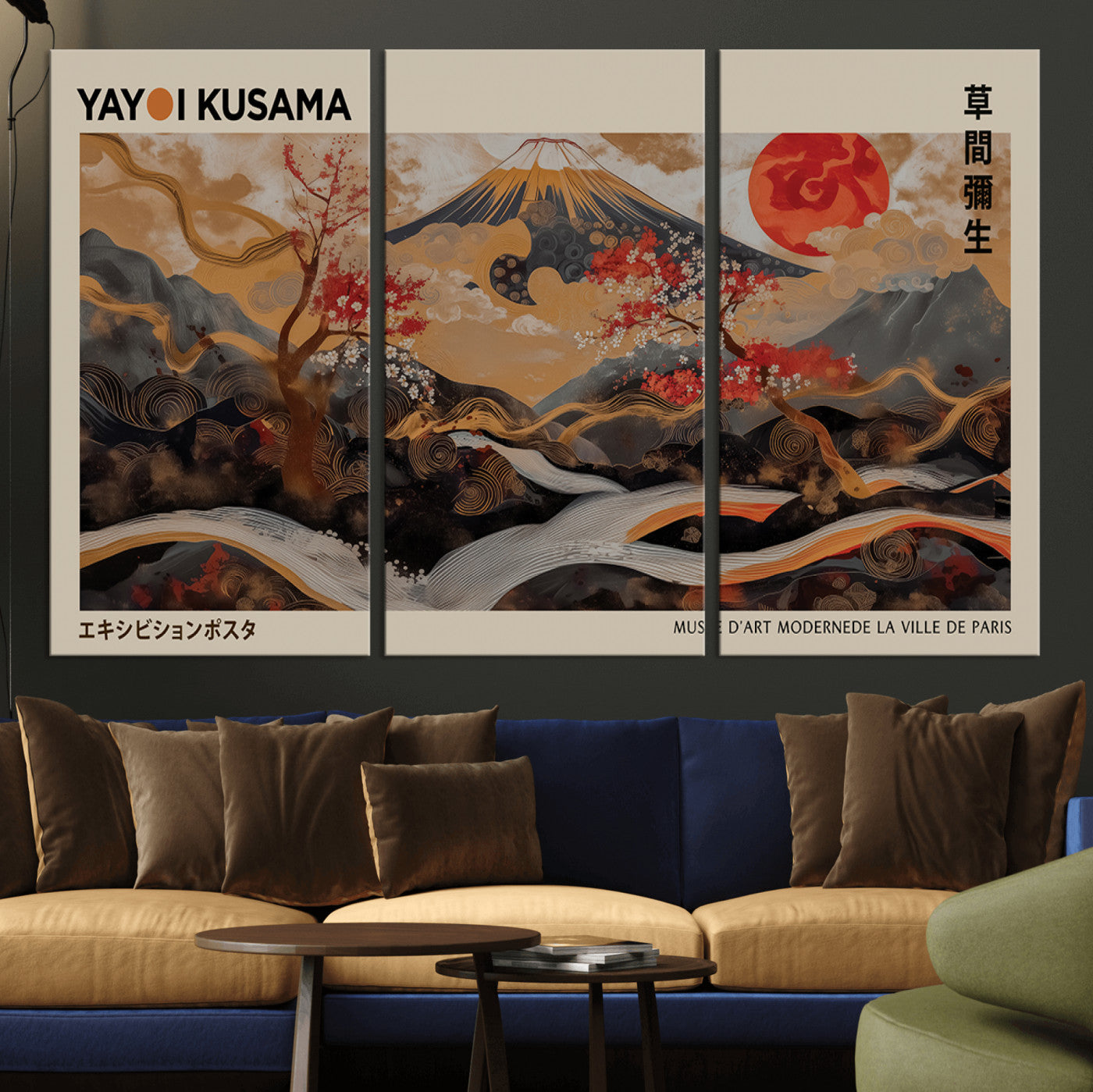 77970791-MGV-CV-36X24-Modern Japanese Wall Art Canvas Print – Framed Abstract Mount Fuji Scene with Yayoi Kusama Artwork for Home, Office