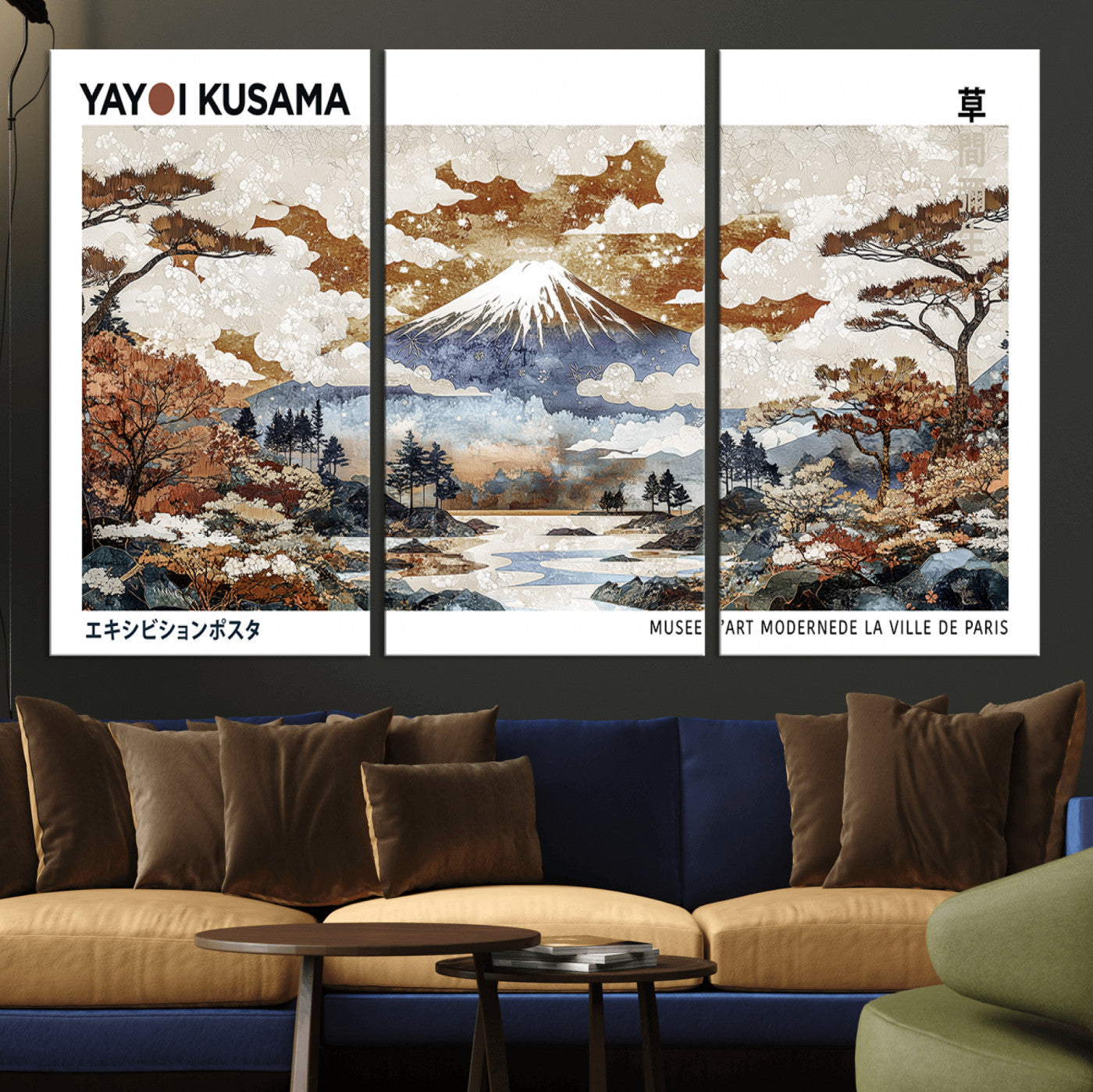 59644240-MGV-CV-36X24-Modern Japanese Wall Art Canvas Print – Framed Abstract Mount Fuji Scene with Yayoi Kusama Artwork for Home, Office