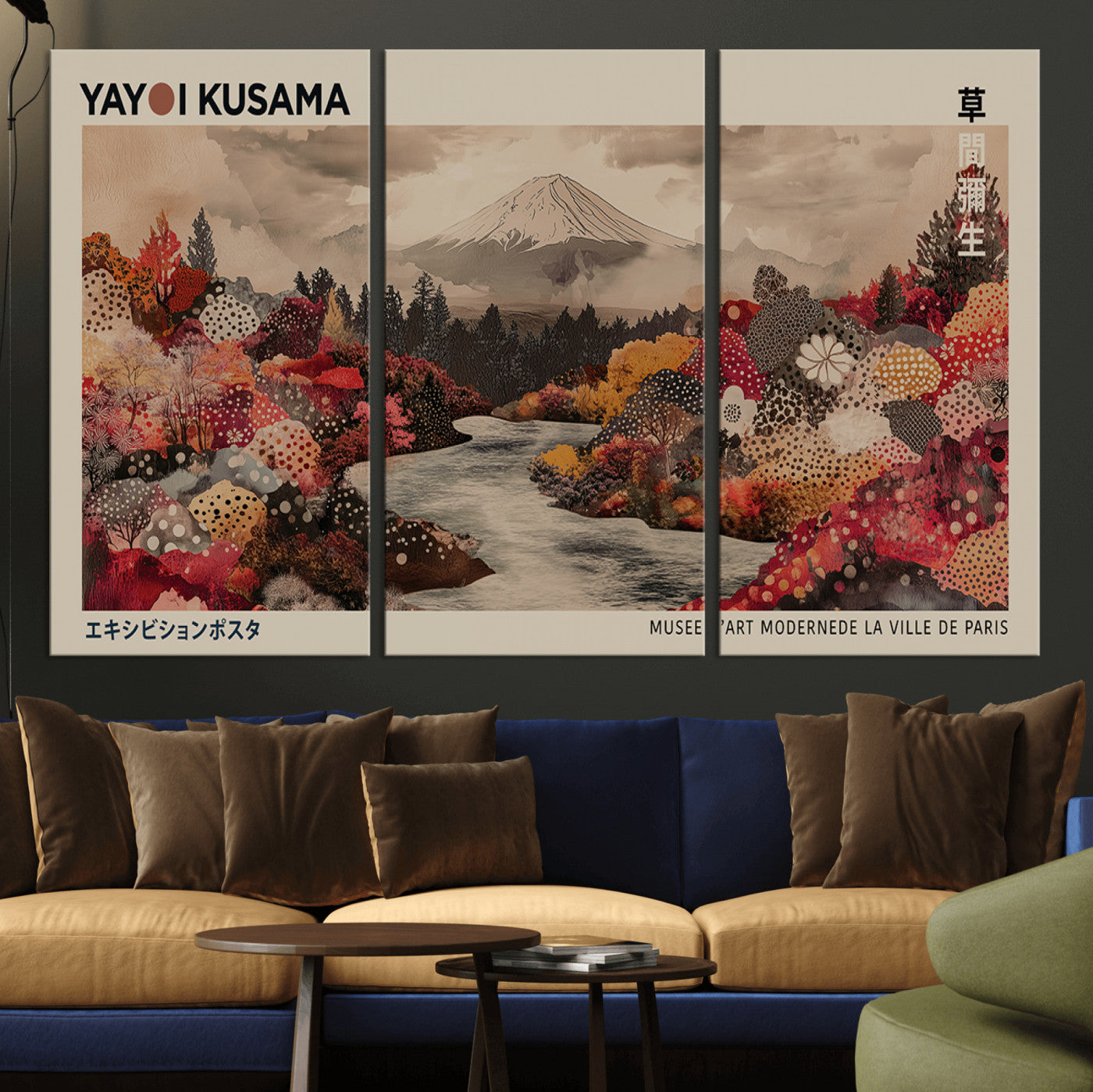90660838-MGV-CV-36X24-Modern Japanese Wall Art Canvas Print – Framed Abstract Mount Fuji Scene with Yayoi Kusama Artwork for Home, Office