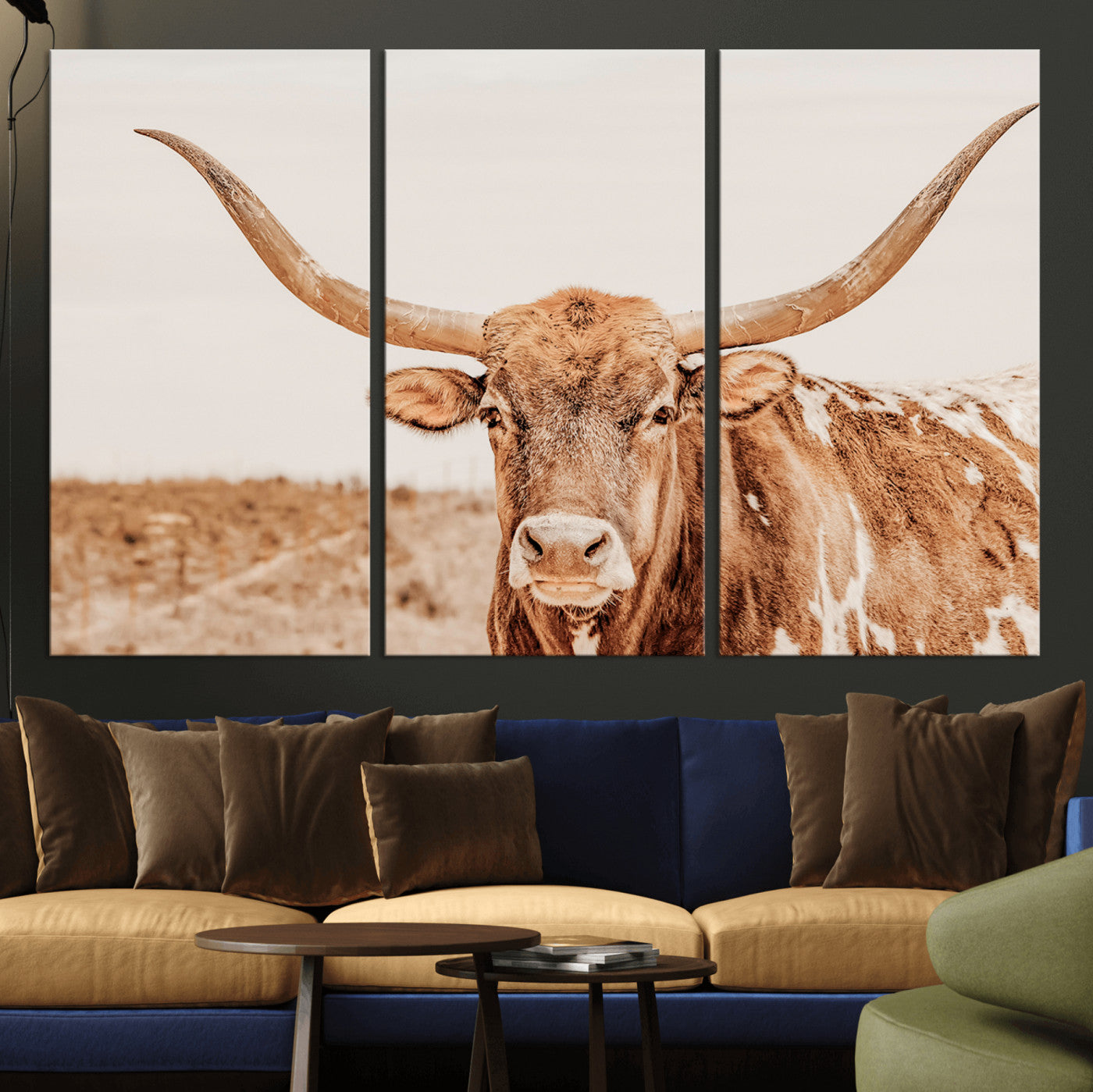 MGV-CV-48X32-3P - Longhorn Bull Wall Art Canvas Print, Framed Western Cow Art Picture Print, Rustic Farmhouse Perfect Neutral Farmhouse Decor Artwork