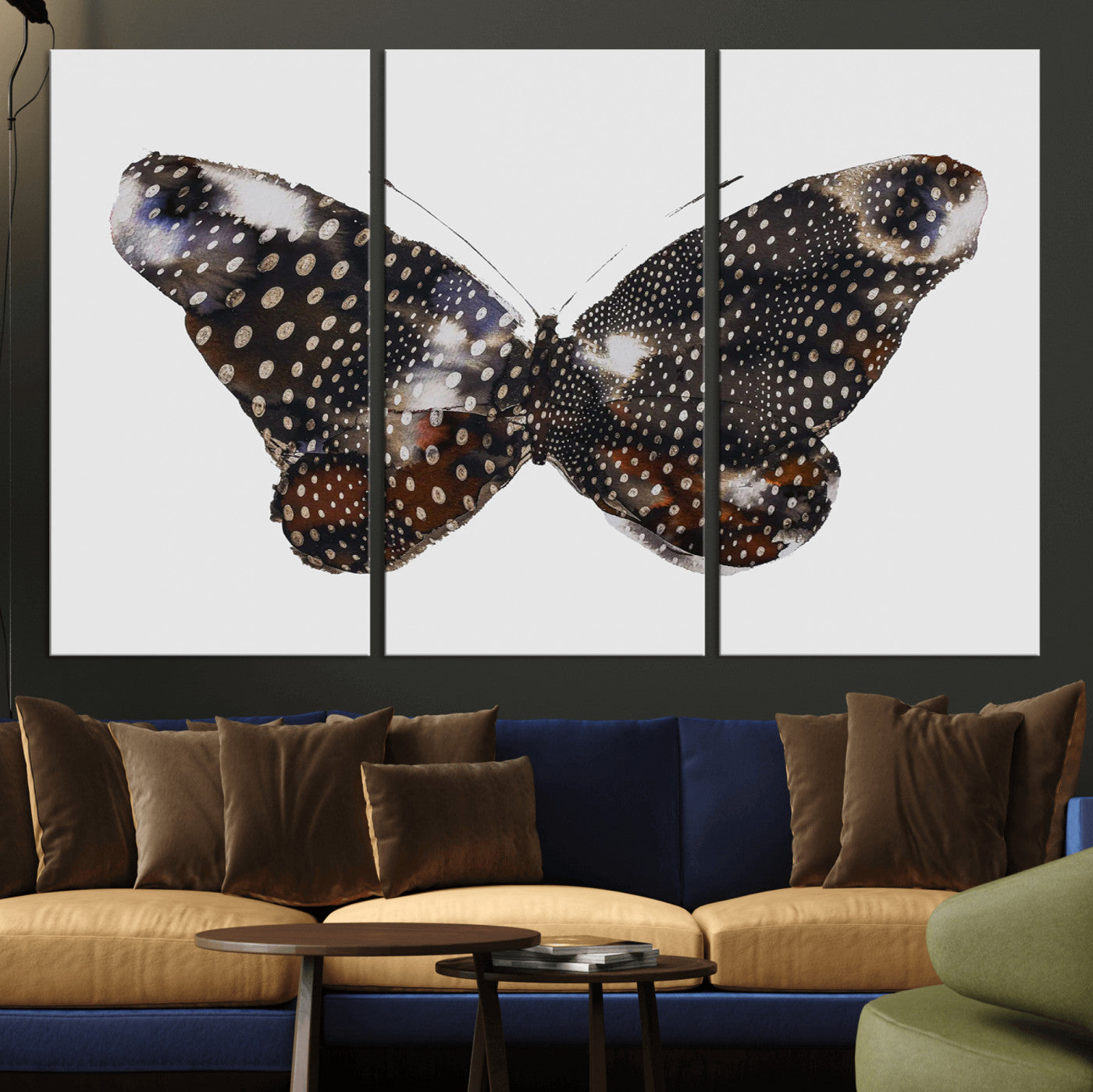 MGV-CV-48X32-3P - Spotted Butterfly Wall Art Canvas Print, Framed Neutral Insect Theme Art Picture Print, Earthy Wing Pattern Perfect Modern Rustic Decor Artwork
