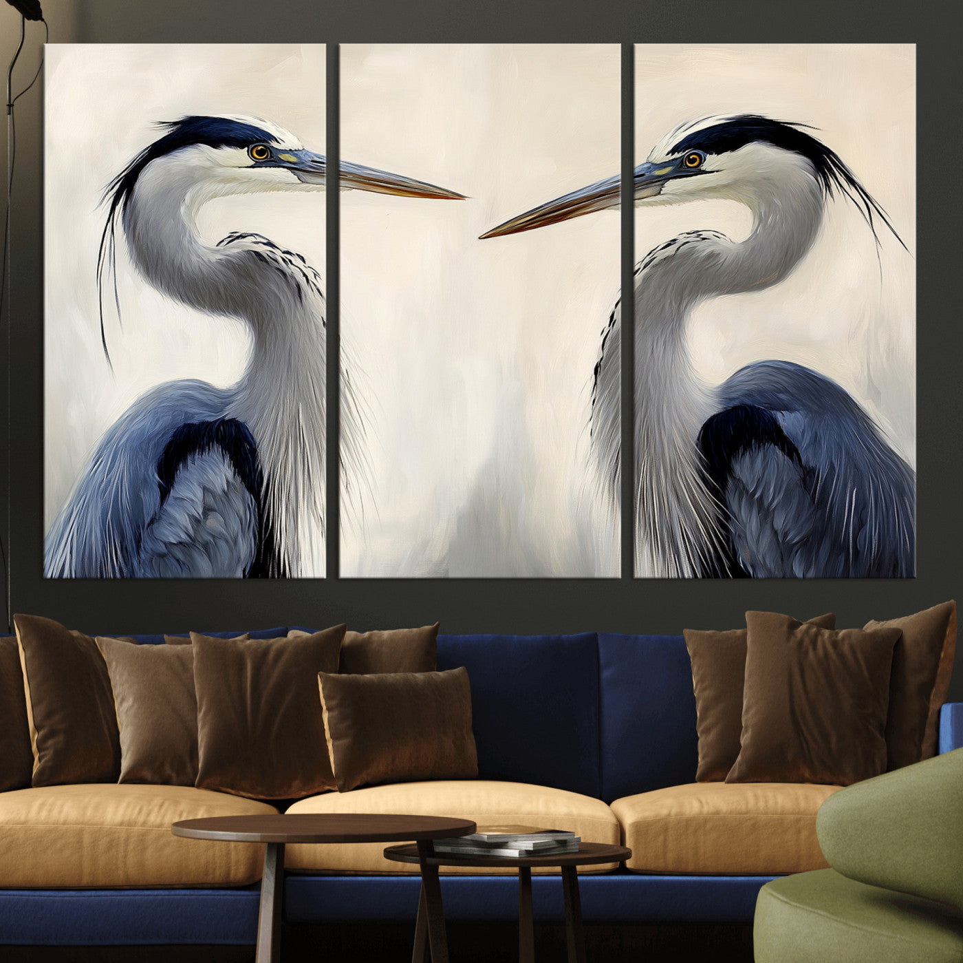 MGV-CV-48X32-3P - Blue Heron Pair Wall Art Canvas Print, Framed Coastal Bird Theme Art Picture Print, Tranquil Wildlife Scene Perfect Coastal Minimalist Decor Artwork