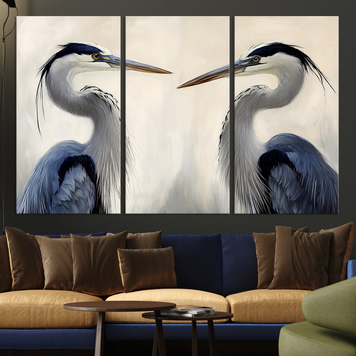 Blue Heron Pair Wall Art Canvas Print, Coastal Bird Theme Print, Framed Tranquil Wildlife Scene Art Print, Large Nature Inspired Decor Printing