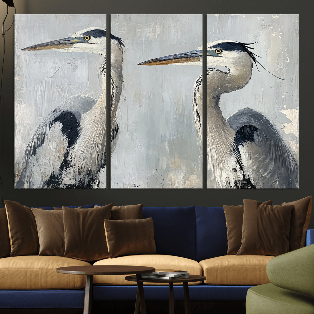 Blue Heron Wall Art Canvas Print, Framed Coastal Bird Pair Minimalist Wildlife Artwork
