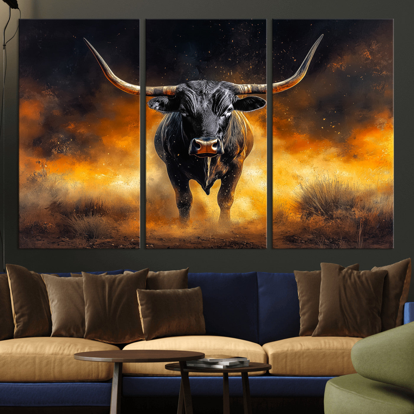 58293979-MGV-CV-36X24-Longhorn Canvas Wall Art Canvas Print – Framed Bold Bull Western Animal Dramatic Ranch Artwork for Home Office