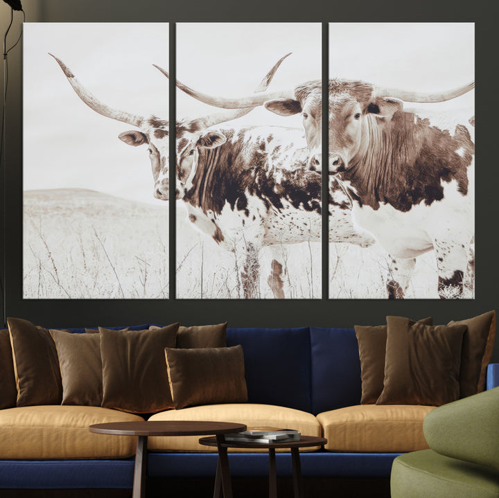 Longhorn Wall Art Wall Art Canvas Print, Western Cow Canvas Print, Framed Rustic Farm Decor Art Print, Large Neutral Animal Scene Printing