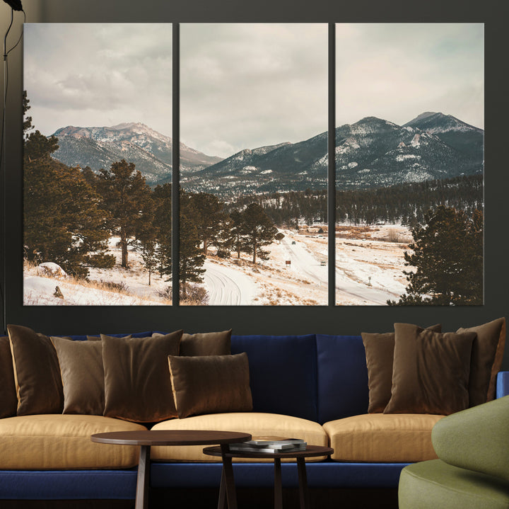 Mountain Landscape Wall Art Canvas Print, Framed Snowy Peaks Art Picture Print, Alpine Aesthetic Perfect Rustic Winter Decor Artwork