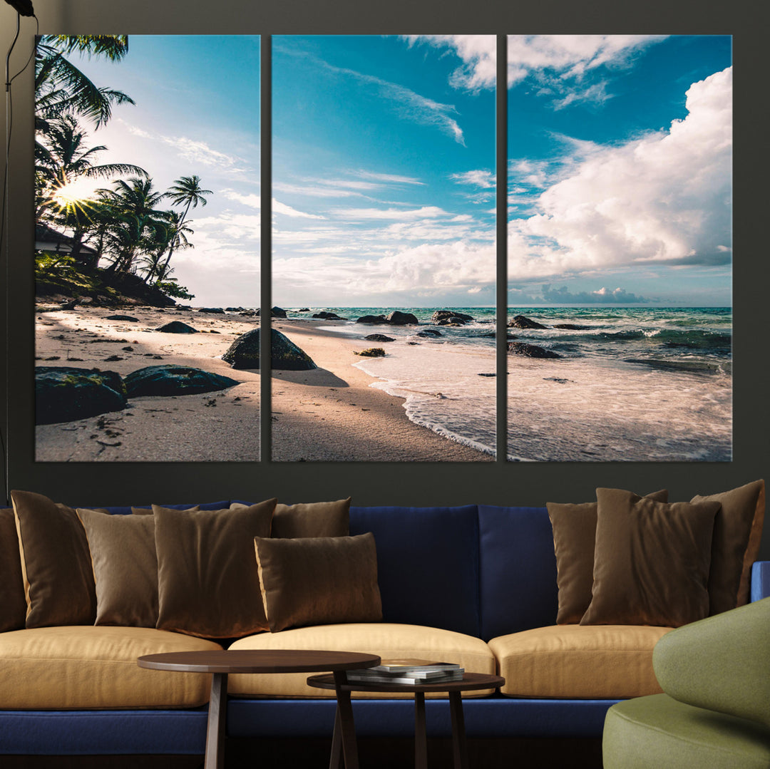 Tropical Beach Wall Art Canvas Print, Framed Ocean Waves Art Picture Print, Relaxing Seascape Perfect Tropical Coastal Decor Artwork