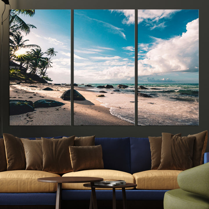 Tropical Beach Wall Art Canvas Print, Framed Ocean Waves Art Picture Print, Relaxing Seascape Perfect Tropical Coastal Decor Artwork