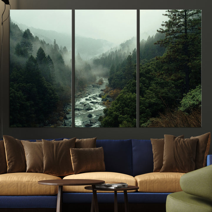 Misty Forest Wall Art Canvas Print, Framed Foggy River Art Picture Print, Moody Landscape Perfect Wilderness Decor Artwork