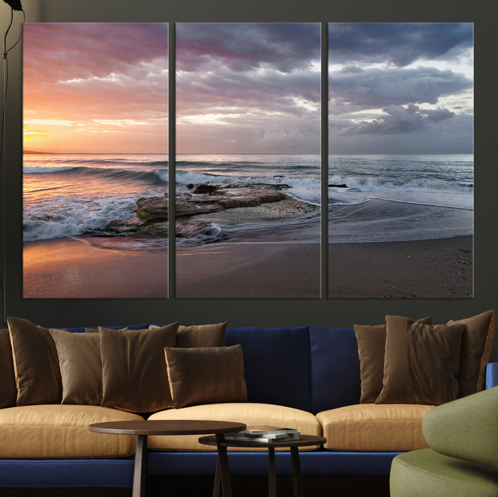 Golden Hour Wall Art Canvas Print, Framed Tranquil Waves Art Picture Print, Beach Perfect Coastal Serenity Decor Artwork