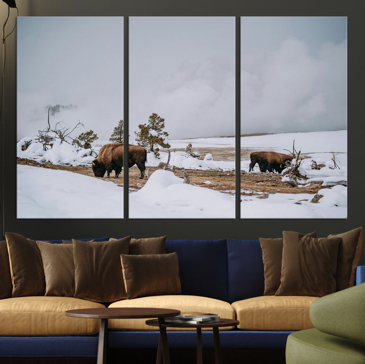 Bison Wildlife Wall Art Canvas Print, Framed Snowy Prairie Art Picture Print, Western Perfect Rustic Decor Artwork