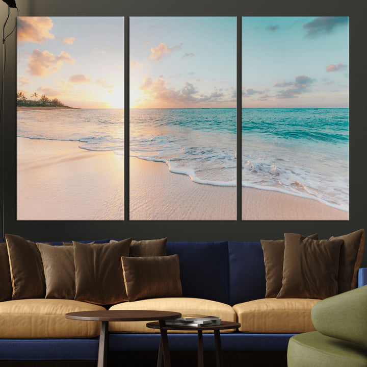 Beach Sunset Wall Art Canvas Print, Framed Ocean Waves Art Picture Print, Summer Escape Perfect Coastal Decor Artwork