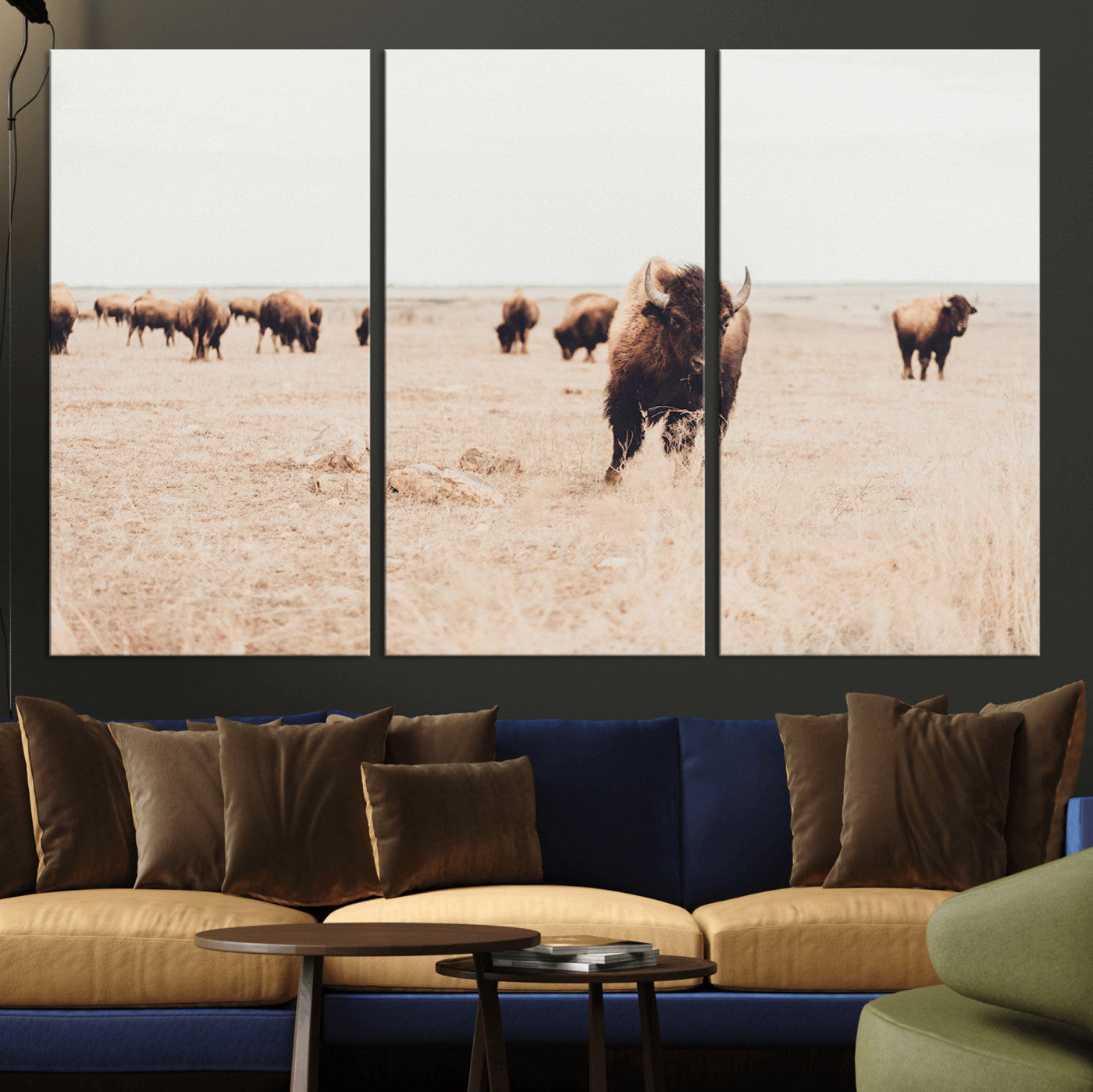 61367865-MGV-CV-36X24-Bison Herd Wall Art Canvas Print – Framed Western Prairie Serenity Ranch Nature Scene Artwork for Home Office