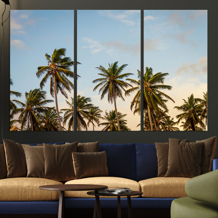 Tall palm trees swaying under a soft sunset sky, creating a tropical and relaxing atmosphere, perfect for coastal and beach-inspired wall art.
