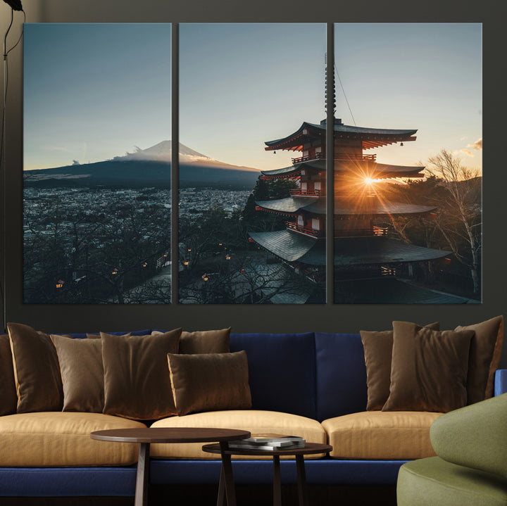Chureito Pagoda at sunset with Mount Fuji in the background, city lights below, and golden sun rays, ideal for Japanese-inspired wall art.