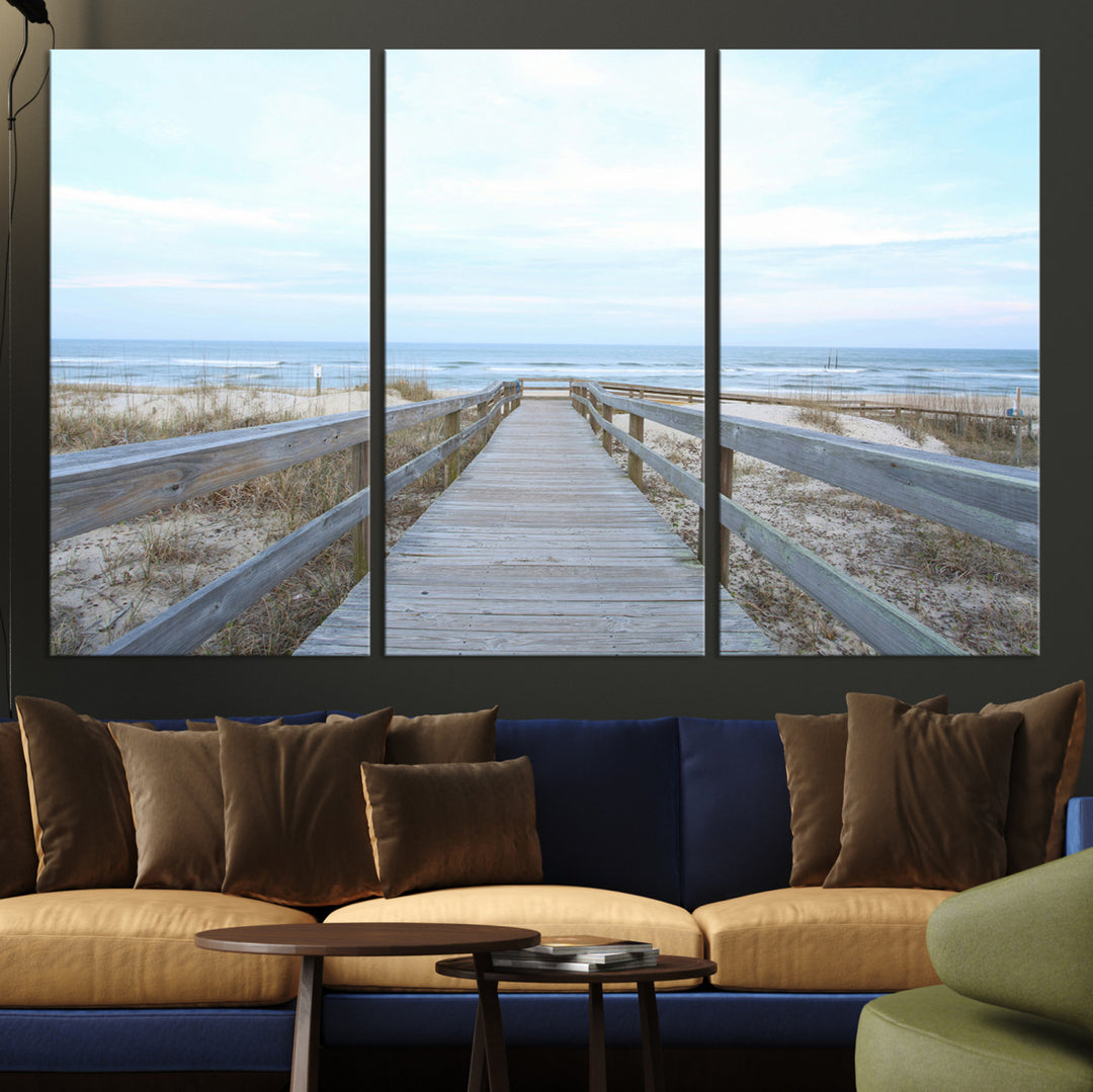 Beach Boardwalk Wall Art Canvas Print, Framed Coastal Serenity Art Picture Print, Ocean View Perfect Coastal Decor Artwork