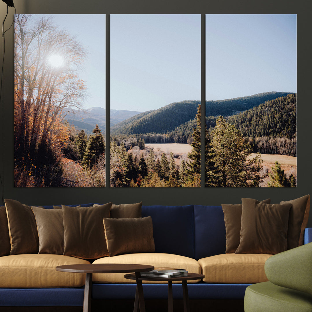A scenic mountain valley with pine trees and autumn foliage under a clear sky, bathed in golden sunlight, creating a peaceful and rustic landscape.
