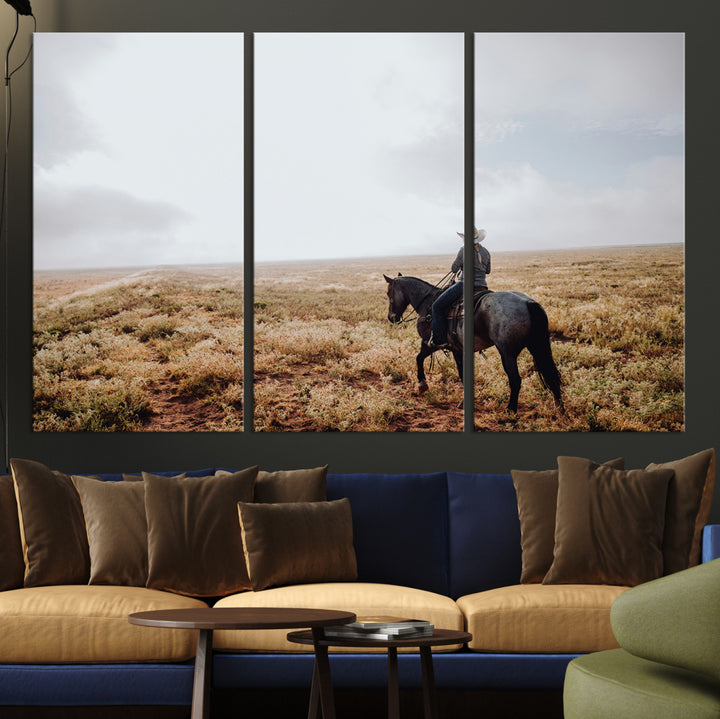 A lone cowboy riding horseback across an open prairie under a vast sky, capturing the rugged and timeless spirit of the Western frontier.